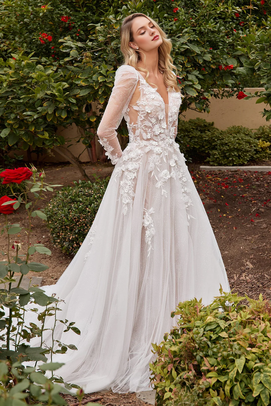 Abito da sposa a maniche lunghe con decalcomania floreale 3D